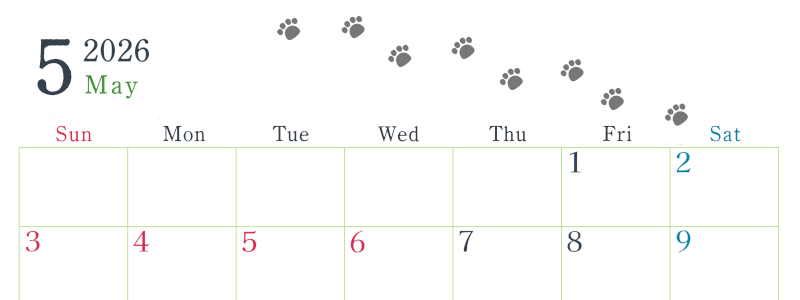 2026年5月カレンダーは横型日曜始まりで猫が自由気ままに歩き回った足あとがかわいい♪ダウンロード無料♪(2026-01260500)