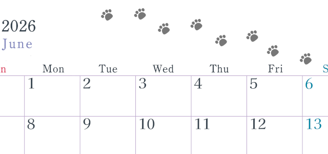 2026年6月カレンダーは横型日曜始まりで猫が自由気ままに歩き回った足あとがかわいい♪ダウンロード無料♪(2026-01260600)