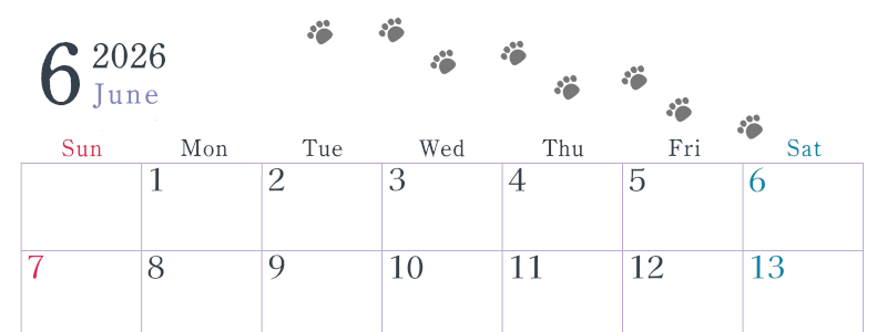 2026年6月カレンダーは横型日曜始まりで猫が自由気ままに歩き回った足あとがかわいい♪ダウンロード無料♪(2026-01260600)