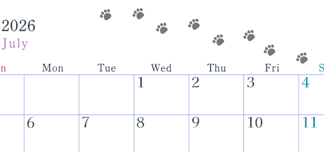 2026年7月カレンダーは横型日曜始まりで猫が自由気ままに歩き回った足あとがかわいい♪ダウンロード無料♪(2026-01260700)
