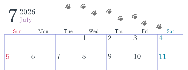 2026年7月カレンダーは横型日曜始まりで猫が自由気ままに歩き回った足あとがかわいい♪ダウンロード無料♪(2026-01260700)