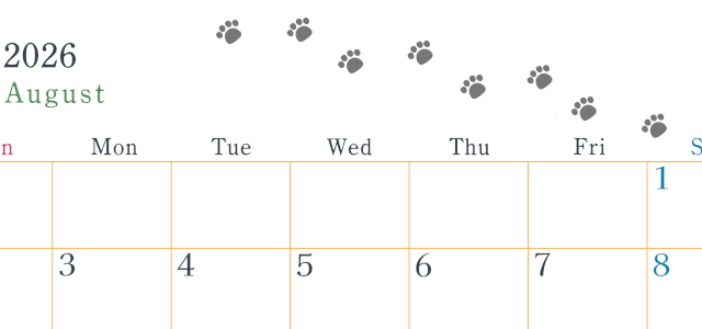 2026年8月カレンダーは横型日曜始まりで猫が自由気ままに歩き回った足あとがかわいい♪ダウンロード無料♪(2026-01260800)
