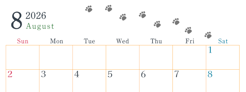 2026年8月カレンダーは横型日曜始まりで猫が自由気ままに歩き回った足あとがかわいい♪ダウンロード無料♪(2026-01260800)