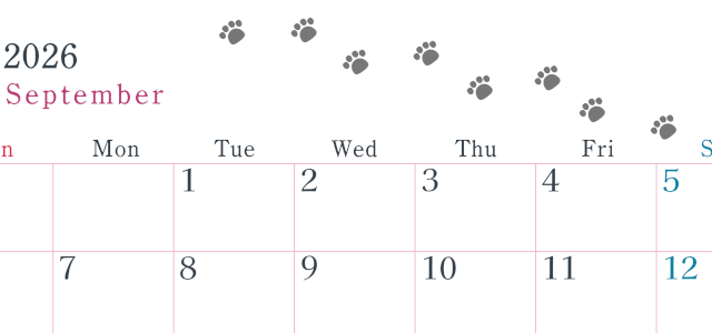 2026年9月カレンダーは横型日曜始まりで猫が自由気ままに歩き回った足あとがかわいい♪ダウンロード無料♪(2026-01260900)