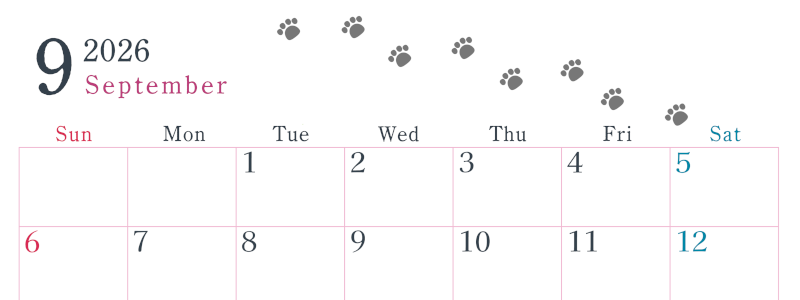 2026年9月カレンダーは横型日曜始まりで猫が自由気ままに歩き回った足あとがかわいい♪ダウンロード無料♪(2026-01260900)