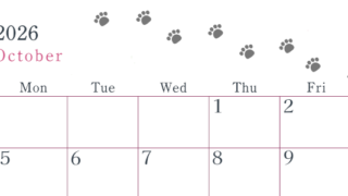 2026年10月カレンダーは横型日曜始まりで猫が自由気ままに歩き回った足あとがかわいい♪ダウンロード無料♪(2026-01261000)