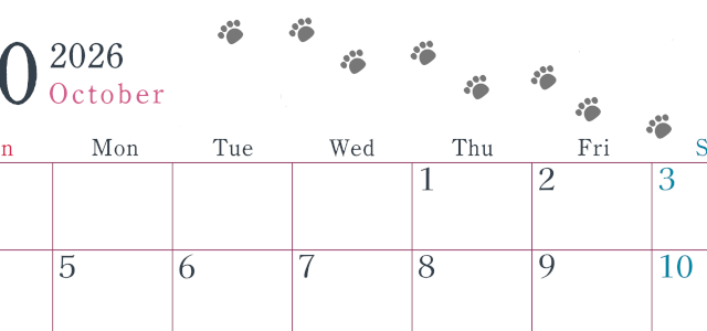 2026年10月カレンダーは横型日曜始まりで猫が自由気ままに歩き回った足あとがかわいい♪ダウンロード無料♪(2026-01261000)