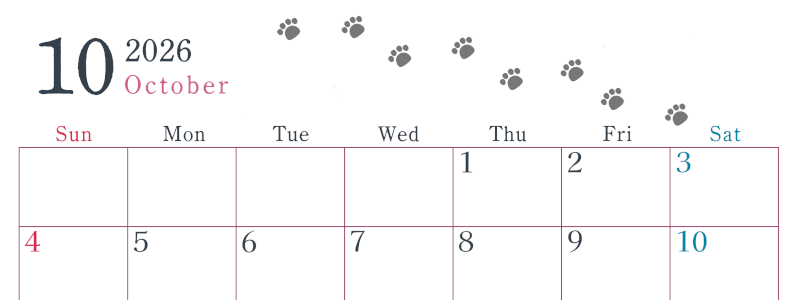 2026年10月カレンダーは横型日曜始まりで猫が自由気ままに歩き回った足あとがかわいい♪ダウンロード無料♪(2026-01261000)
