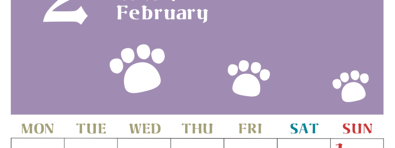 2026年2月カレンダーは縦型月曜始まりで猫の肉球がおしゃれかわいいカラフルな無料イラスト付き素材♪(2026-01270211)