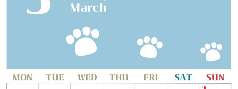 2026年3月カレンダーは縦型月曜始まりで猫の肉球がおしゃれかわいいカラフルな無料イラスト付き素材♪(2026-01270311)
