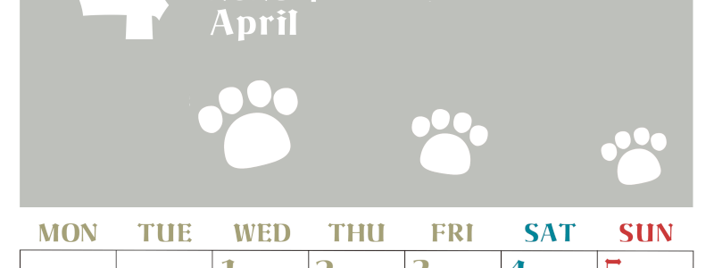 2026年4月カレンダーは縦型月曜始まりで猫の肉球がおしゃれかわいいカラフルな無料イラスト付き素材♪(2026-01270411)