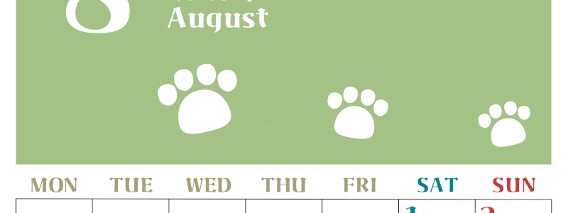 2026年8月カレンダーは縦型月曜始まりで猫の肉球がおしゃれかわいいカラフルな無料イラスト付き素材♪(2026-01270811)