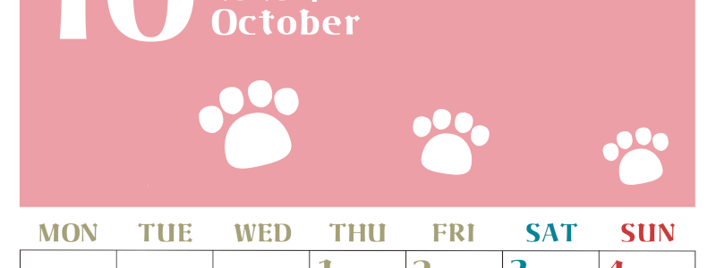 2026年10月カレンダーは縦型月曜始まりで猫の肉球がおしゃれかわいいカラフルな無料イラスト付き素材♪(2026-01271011)