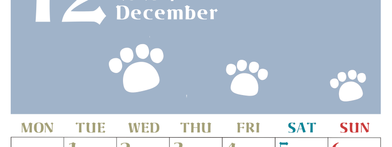 2026年12月カレンダーは縦型月曜始まりで猫の肉球がおしゃれかわいいカラフルな無料イラスト付き素材♪(2026-01271211)