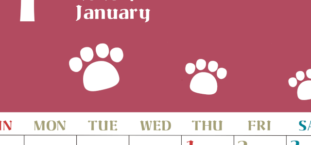 2026年1月カレンダーは縦型日曜始まりで猫の肉球がおしゃれかわいいカラフルな無料イラスト付き素材♪(2026-01270110)