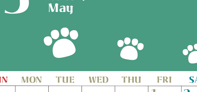 2026年5月カレンダーは縦型日曜始まりで猫の肉球がおしゃれかわいいカラフルな無料イラスト付き素材♪(2026-01270510)