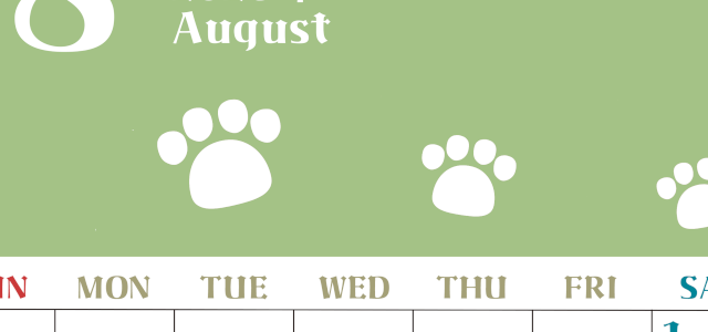 2026年8月カレンダーは縦型日曜始まりで猫の肉球がおしゃれかわいいカラフルな無料イラスト付き素材♪(2026-01270810)