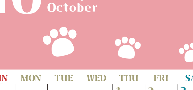 2026年10月カレンダーは縦型日曜始まりで猫の肉球がおしゃれかわいいカラフルな無料イラスト付き素材♪(2026-01271010)