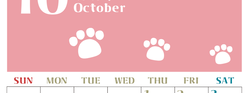 2026年10月カレンダーは縦型日曜始まりで猫の肉球がおしゃれかわいいカラフルな無料イラスト付き素材♪(2026-01271010)