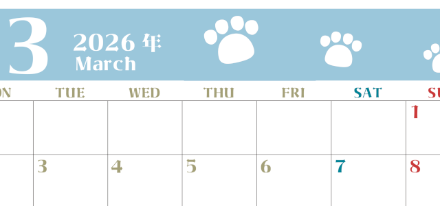 2026年3月カレンダーは横型月曜始まりで猫の肉球がおしゃれかわいいカラフルな無料イラスト付き素材♪(2026-01270301)
