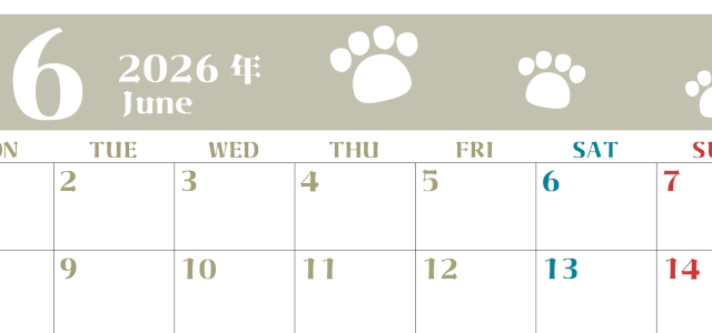 2026年6月カレンダーは横型月曜始まりで猫の肉球がおしゃれかわいいカラフルな無料イラスト付き素材♪(2026-01270601)