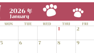 2026年1月カレンダーは横型日曜始まりで猫の肉球がおしゃれかわいいカラフルな無料イラスト付き素材♪(2026-01270100)