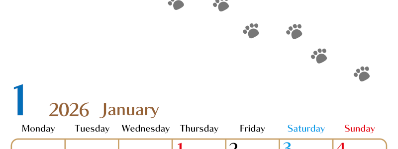 2026年1月カレンダーは縦型月曜始まりで猫の肉球にほっこり癒されるゆるおしゃれデザイン♪ダウンロードは無料♪(2026-01280111)