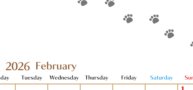 2026年2月カレンダーは縦型月曜始まりで猫の肉球にほっこり癒されるゆるおしゃれデザイン♪ダウンロードは無料♪(2026-01280211)