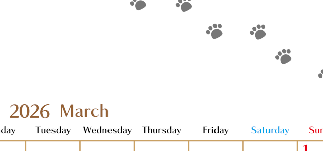 2026年3月カレンダーは縦型月曜始まりで猫の肉球にほっこり癒されるゆるおしゃれデザイン♪ダウンロードは無料♪(2026-01280311)