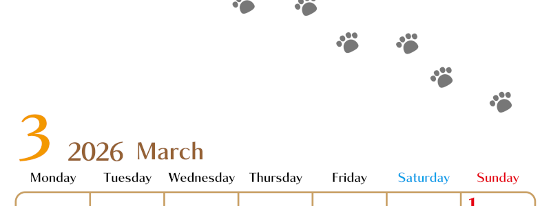 2026年3月カレンダーは縦型月曜始まりで猫の肉球にほっこり癒されるゆるおしゃれデザイン♪ダウンロードは無料♪(2026-01280311)