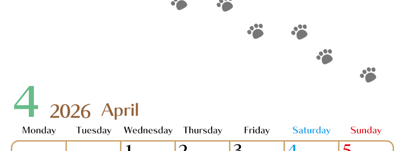 2026年4月カレンダーは縦型月曜始まりで猫の肉球にほっこり癒されるゆるおしゃれデザイン♪ダウンロードは無料♪(2026-01280411)