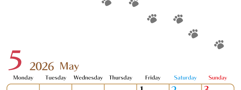 2026年5月カレンダーは縦型月曜始まりで猫の肉球にほっこり癒されるゆるおしゃれデザイン♪ダウンロードは無料♪(2026-01280511)