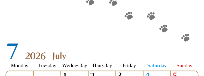 2026年7月カレンダーは縦型月曜始まり で猫の自由きままな足あとがおしゃれかわいいデザインなのでおすすめ：無料(2026-01280711)