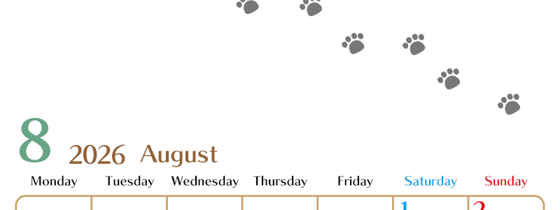 2026年8月カレンダーは縦型月曜始まりで猫の肉球にほっこり癒されるゆるおしゃれデザイン♪ダウンロードは無料♪(2026-01280811)