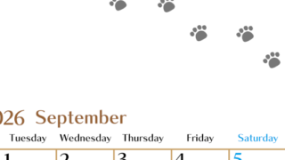 2026年9月カレンダーは縦型月曜始まりで猫の肉球にほっこり癒されるゆるおしゃれデザイン♪ダウンロードは無料♪(2026-01280911)