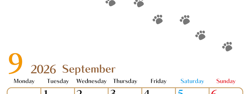 2026年9月カレンダーは縦型月曜始まりで猫の肉球にほっこり癒されるゆるおしゃれデザイン♪ダウンロードは無料♪(2026-01280911)