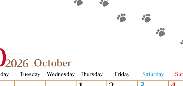 2026年10月カレンダーは縦型月曜始まりで猫の肉球にほっこり癒されるゆるおしゃれデザイン♪ダウンロードは無料♪(2026-01281011)