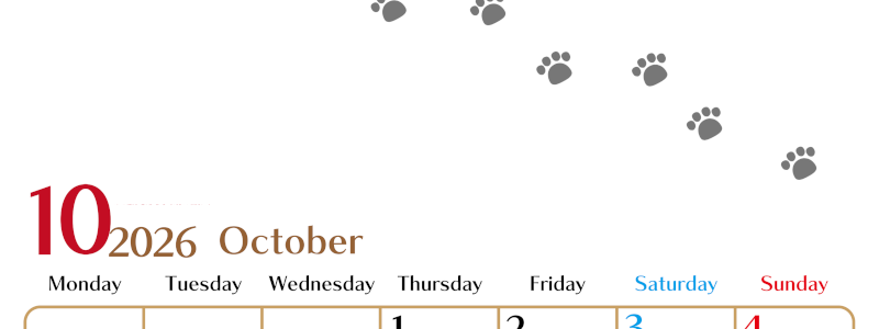 2026年10月カレンダーは縦型月曜始まりで猫の肉球にほっこり癒されるゆるおしゃれデザイン♪ダウンロードは無料♪(2026-01281011)