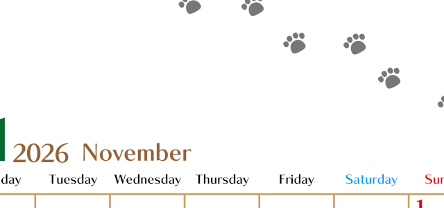 2026年11月カレンダーは縦型月曜始まりで猫の肉球にほっこり癒されるゆるおしゃれデザイン♪ダウンロードは無料♪(2026-01281111)