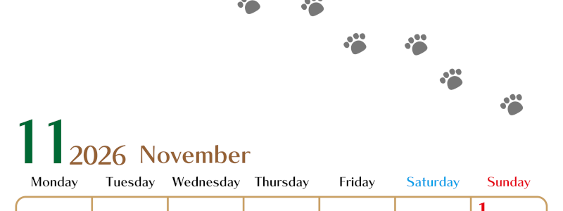 2026年11月カレンダーは縦型月曜始まりで猫の肉球にほっこり癒されるゆるおしゃれデザイン♪ダウンロードは無料♪(2026-01281111)