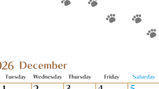 2026年12月カレンダーは縦型月曜始まりで猫の肉球にほっこり癒されるゆるおしゃれデザイン♪ダウンロードは無料♪(2026-01281211)