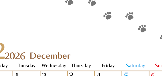 2026年12月カレンダーは縦型月曜始まりで猫の肉球にほっこり癒されるゆるおしゃれデザイン♪ダウンロードは無料♪(2026-01281211)