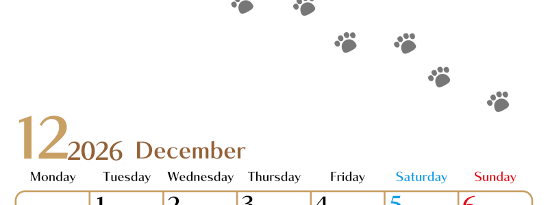 2026年12月カレンダーは縦型月曜始まりで猫の肉球にほっこり癒されるゆるおしゃれデザイン♪ダウンロードは無料♪(2026-01281211)