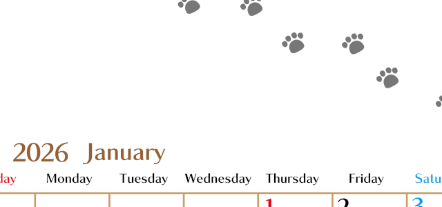 2026年1月カレンダーは縦型日曜始まりで猫の肉球にほっこり癒されるゆるおしゃれデザイン♪ダウンロードは無料♪(2026-01280110)