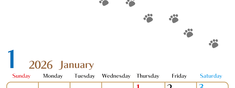 2026年1月カレンダーは縦型日曜始まりで猫の肉球にほっこり癒されるゆるおしゃれデザイン♪ダウンロードは無料♪(2026-01280110)