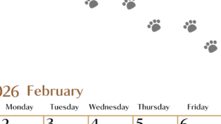 2026年2月カレンダーは縦型日曜始まりで猫の肉球にほっこり癒されるゆるおしゃれデザイン♪ダウンロードは無料♪(2026-01280210)