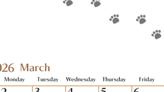 2026年3月カレンダーは縦型日曜始まりで猫の肉球にほっこり癒されるゆるおしゃれデザイン♪ダウンロードは無料♪(2026-01280310)