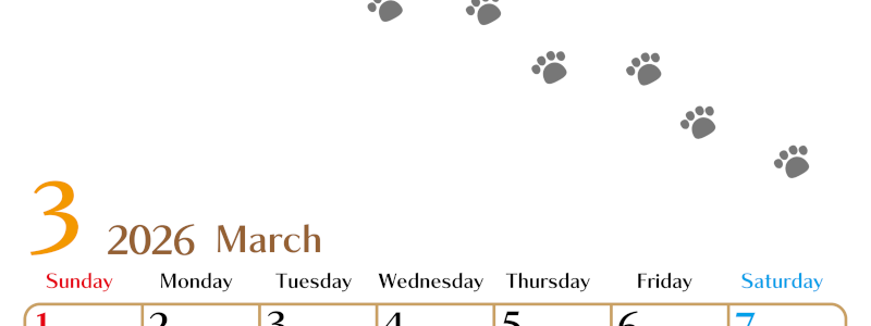 2026年3月カレンダーは縦型日曜始まりで猫の肉球にほっこり癒されるゆるおしゃれデザイン♪ダウンロードは無料♪(2026-01280310)