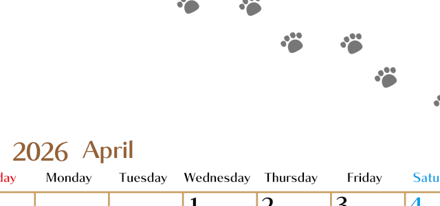 2026年4月カレンダーは縦型日曜始まりで猫の肉球にほっこり癒されるゆるおしゃれデザイン♪ダウンロードは無料♪(2026-01280410)