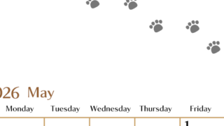 2026年5月カレンダーは縦型日曜始まりで猫の肉球にほっこり癒されるゆるおしゃれデザイン♪ダウンロードは無料♪(2026-01280510)